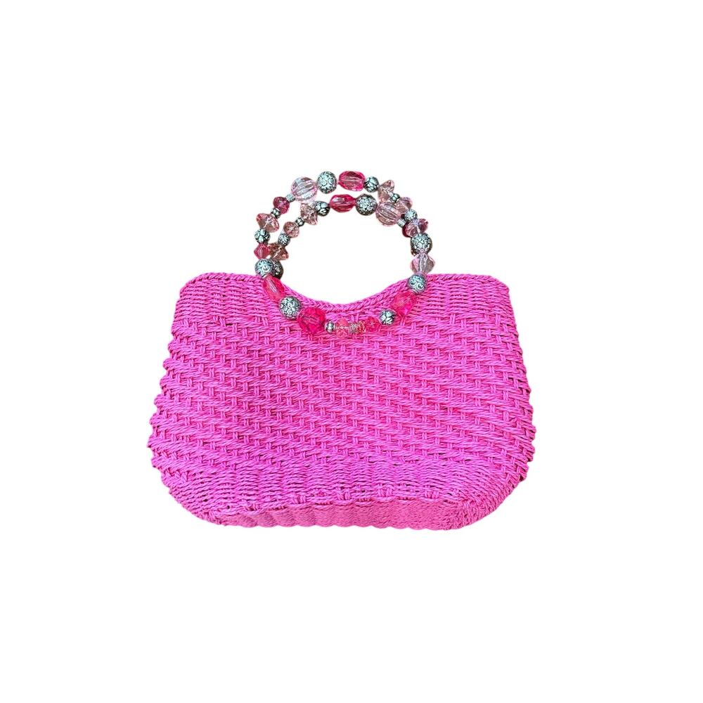 Y2K Kelly & Katie Pink Woven Straw Beaded Handle Handbag Purse
